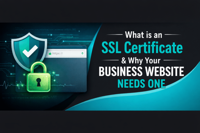 Illustration showing a secure website browser with an SSL lock icon and text explaining why an SSL certificate is important for business websites.