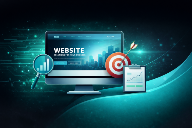Professional web design illustration showing a business website with analytics, conversion targets, and growth metrics, highlighting why web design is important for business