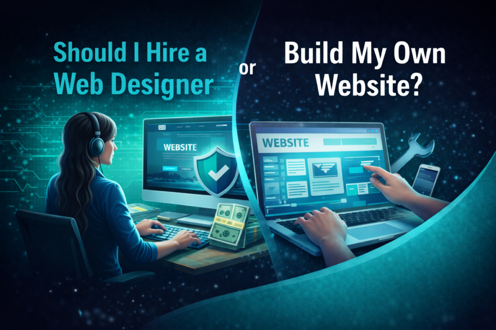 Female web designer working on a website compared to someone building their own website using a drag-and-drop builder on a laptop