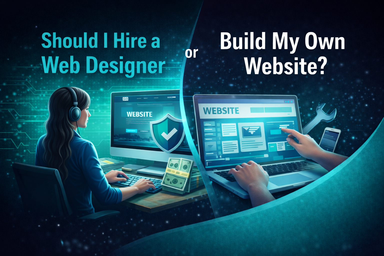 hire web designer vs build own website Female web designer working on a website compared to someone building their own website using a drag-and-drop builder on a laptop