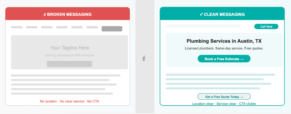 broken vs correct messaging in website