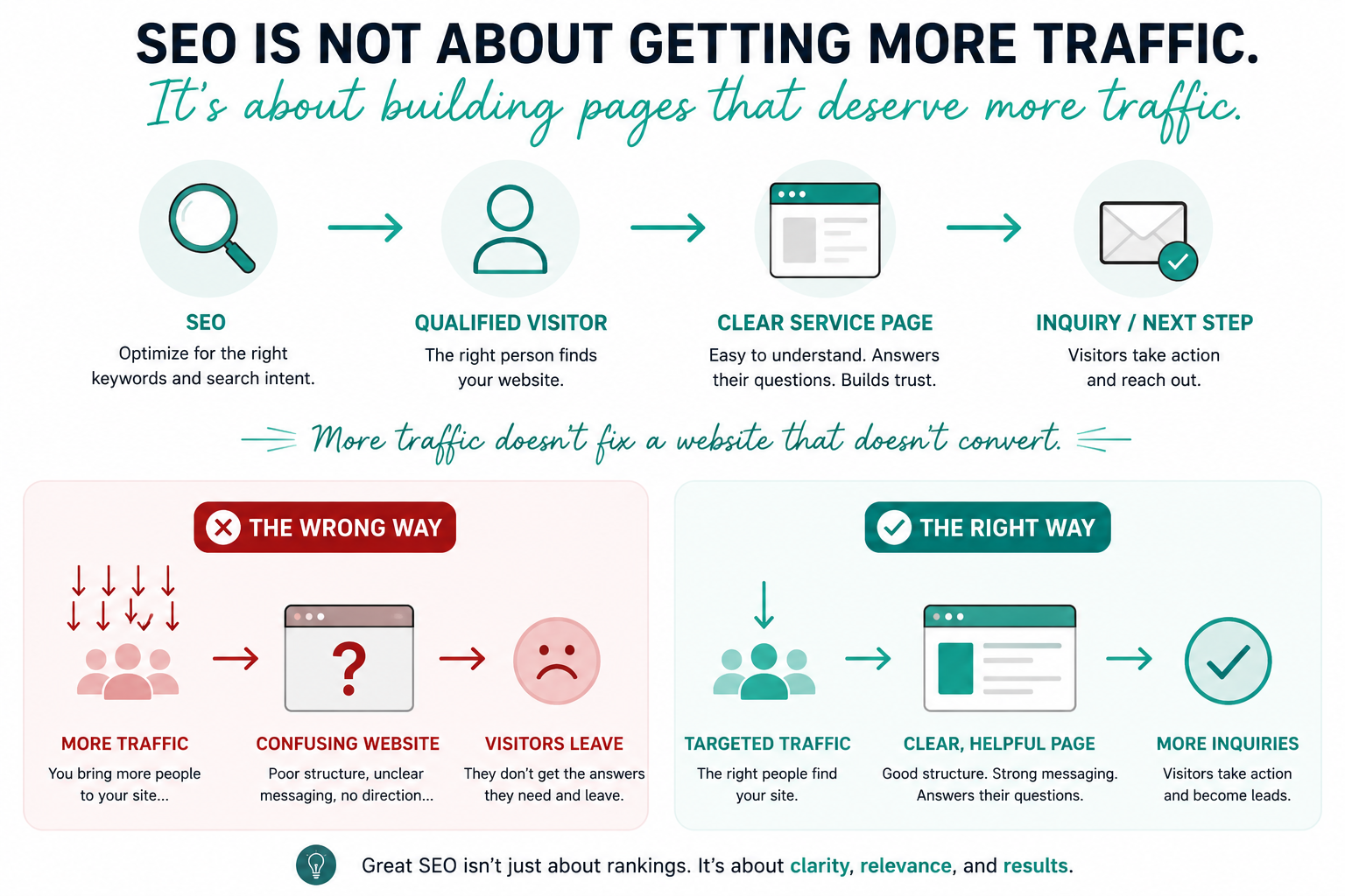 Infographic showing that successful SEO turns qualified traffic into inquiries through clear messaging, strong website structure, and optimized service pages.