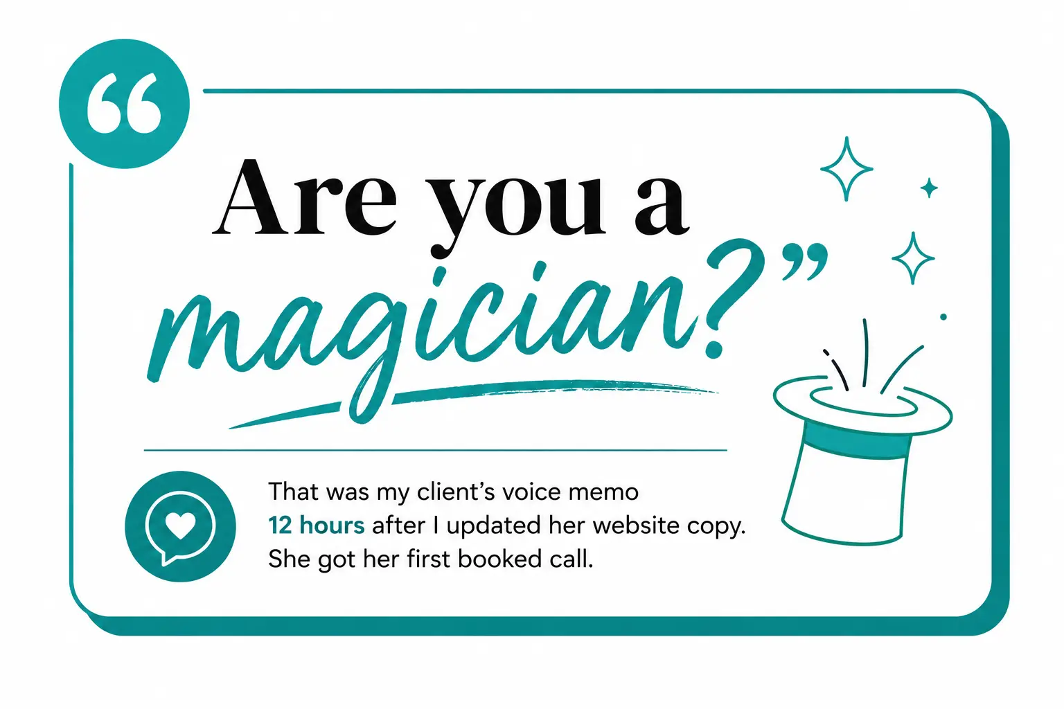 A branded quote graphic featuring “Are you a magician?” with a small caption explaining that new copy generated a booked call within 12 hours.